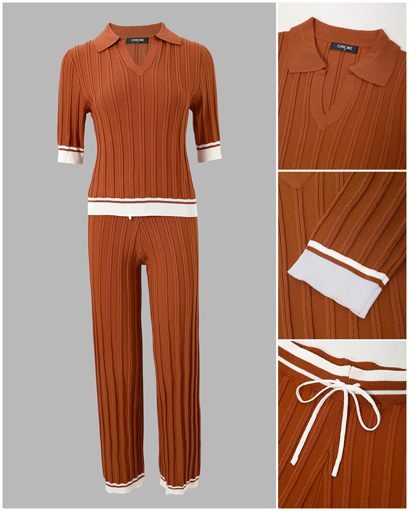 Women's Contrast Binding Two Piece Knit Set Short Sleeve Top and Drawstring Straight Leg Pants Casual Loungewear