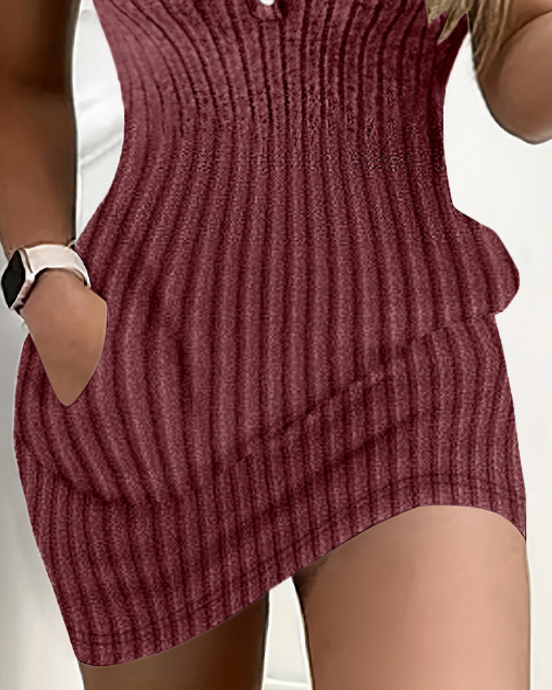Pocket Design Ribbed Tank Dress Sleeveless Button Front Pullover Bodycon Mini Dresses