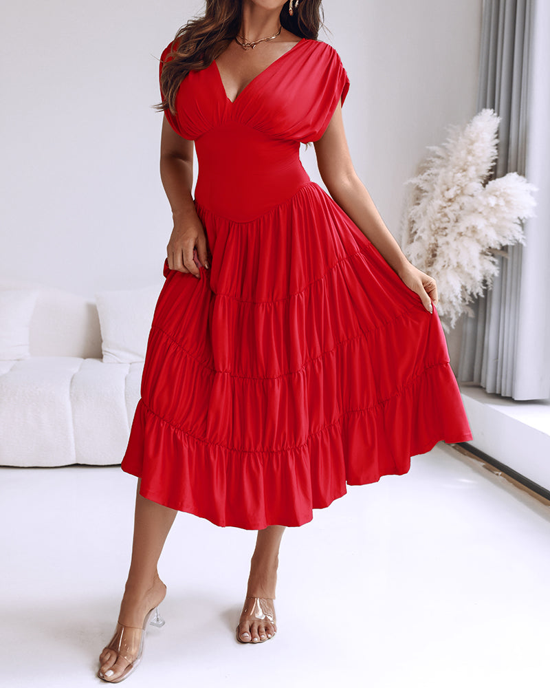Textured V Neck Sleeveless Ruched Ruffles Hem Dress Casual Waist A Line Party Midi Dress