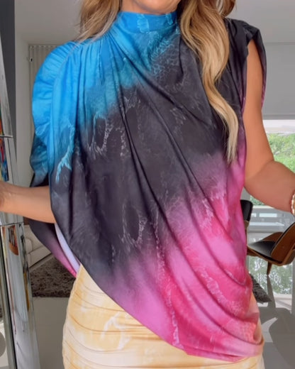 Women's 3 Piece Tie Dye Skirt Set Asymmetrical Drape Top and Ruched Bodycon Mini Skirt Set with Bandeau