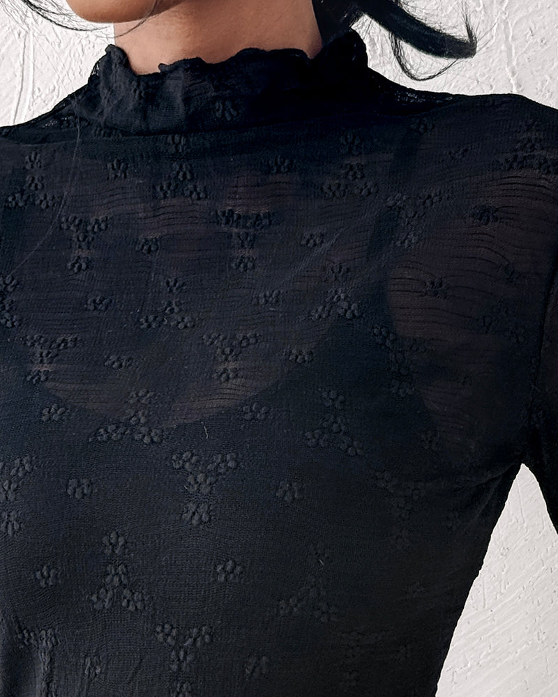 Lace Frill Hem Mock Neck Long Sleeve T-Shirt Sexy Floral Sheer Mesh Hollow Out Top
