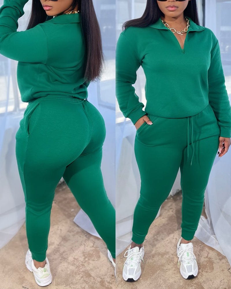 2 Pieces Outfit High Neck Half Zip Drop Shoulder Top and Drawstring Elastic Waist Slim Fit Jogger Pants Set Casual Tracksuit