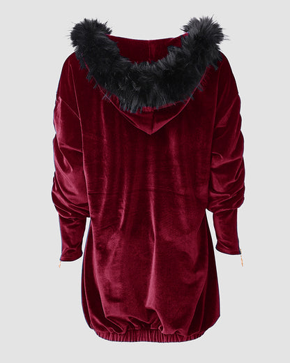 Velvet Fuzzy Trim Hooded Mini Dress Long Sleeve Zipper Design Sweatshirt Pullover Casual Dress