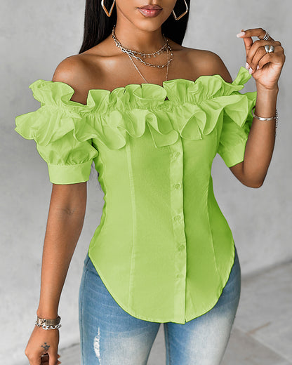 Off the Shoulder Short Sleeve Blouses Asymmetrical Button Ruffles Blouses