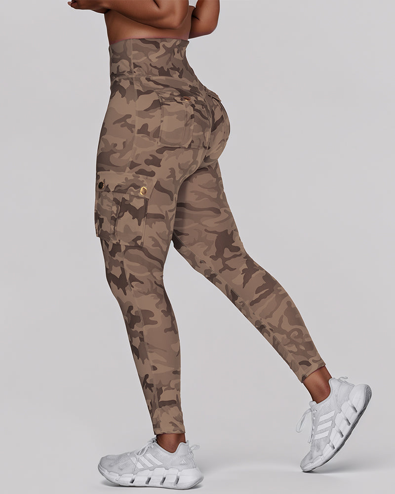 Camouflage Print High Waist Skinny Leggings with Cargo Flap Pockets Casual Pants