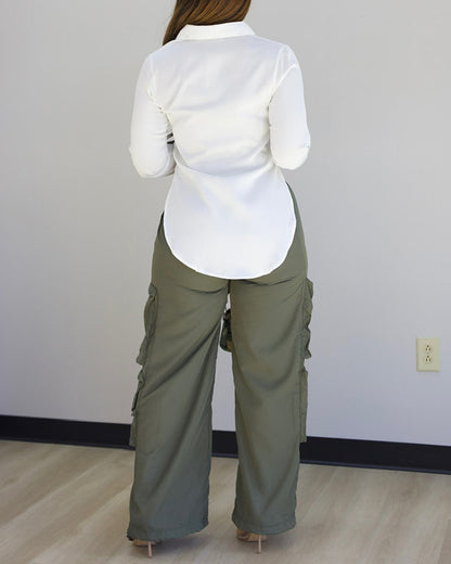 Classic Plain Long Sleeve Blouse with Turn-down Collar Casual Button Front Slit Top