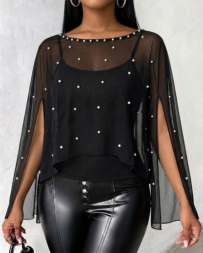 Women's 2 Piece Set Split Sleeve Pearl Sheer Chiffon Cape Top with Cami Top