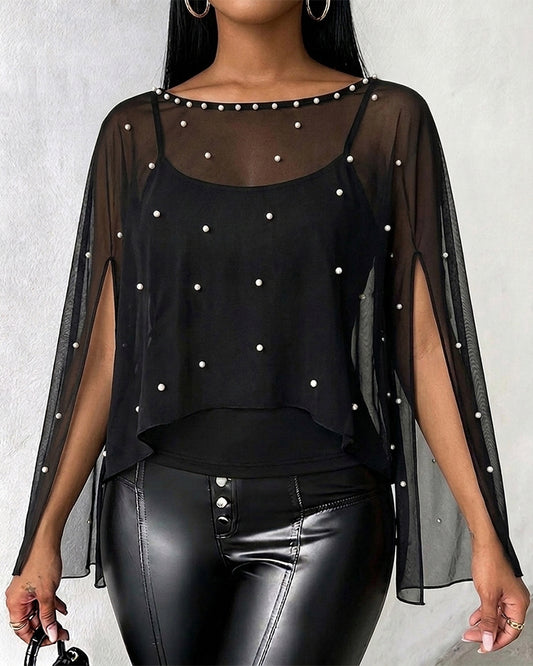 Women's 2 Piece Set Split Sleeve Pearl Sheer Chiffon Cape Top with Cami Top
