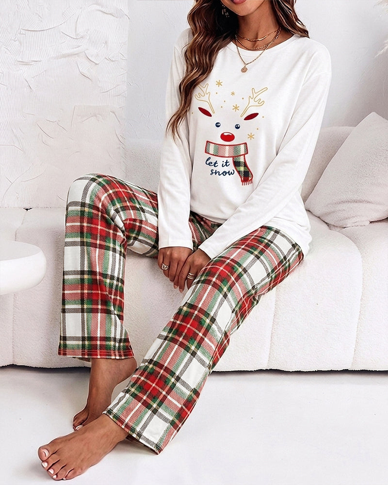 Women's Pajama Set Christmas Reindeer Print Crew Neck Long Sleeve Top and Plaid Wide Leg Pants