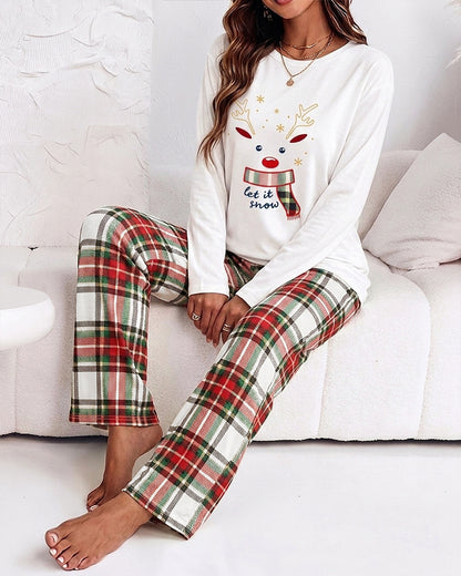 Women's Pajama Set Christmas Reindeer Print Crew Neck Long Sleeve Top and Plaid Wide Leg Pants