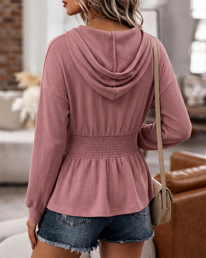 Women's Waffle Knit Drawstring Hooded Button Front Shirred Waist Peplum Top