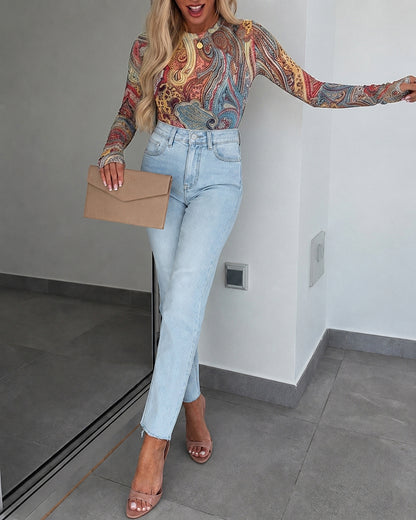 Women's Vintage Print Sheer Mesh Top Long Sleeve Slim Fit Tee with Thumb Holes