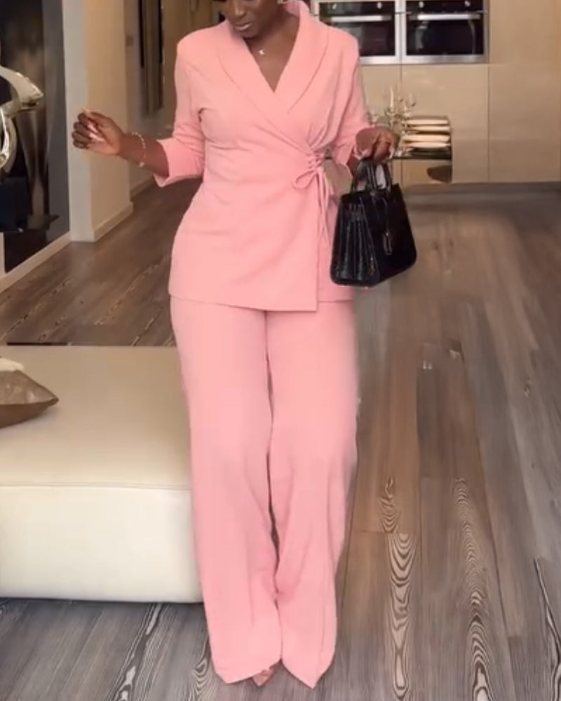 2 Pieces Outfit Overlap Shawl Collar Lace-up Side Cinched Waist Coat and Elastic Back Waist Wide Leg Pants Set Casual Blazer Set