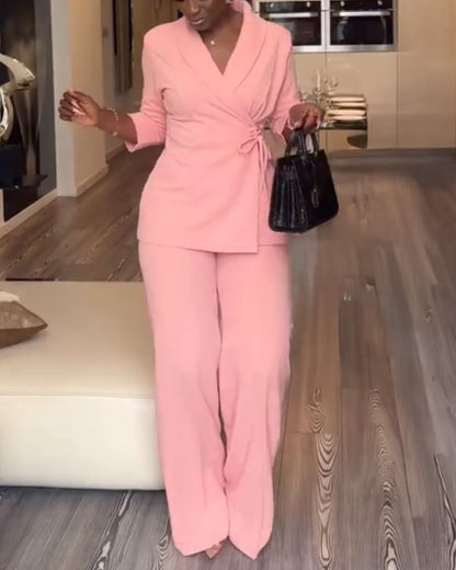 2 Pieces Outfit Overlap Shawl Collar Lace-up Side Cinched Waist Coat and Elastic Back Waist Wide Leg Pants Set Casual Blazer Set