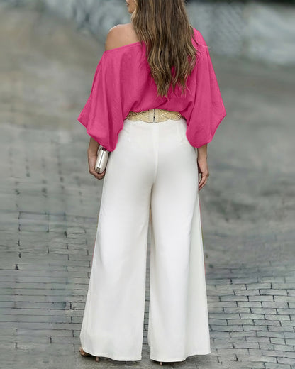 2 Pieces Outfit Skew Neck Batwing Sleeve Stretchy Hem Top and Watercolor Floral Print Zipper Fly Elastic Back Waist Wide Leg Pants Set Casual Loose Fit Set