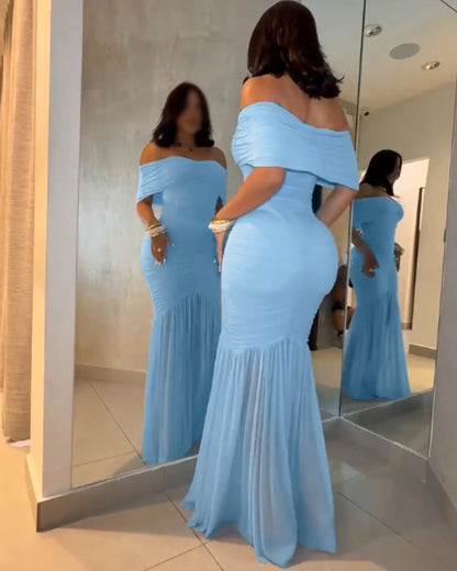 Foldover Off Shoulder Ruched Cinched Waist Minimalist Evening Dress Slim Fit Mermaid Hem Party Dress
