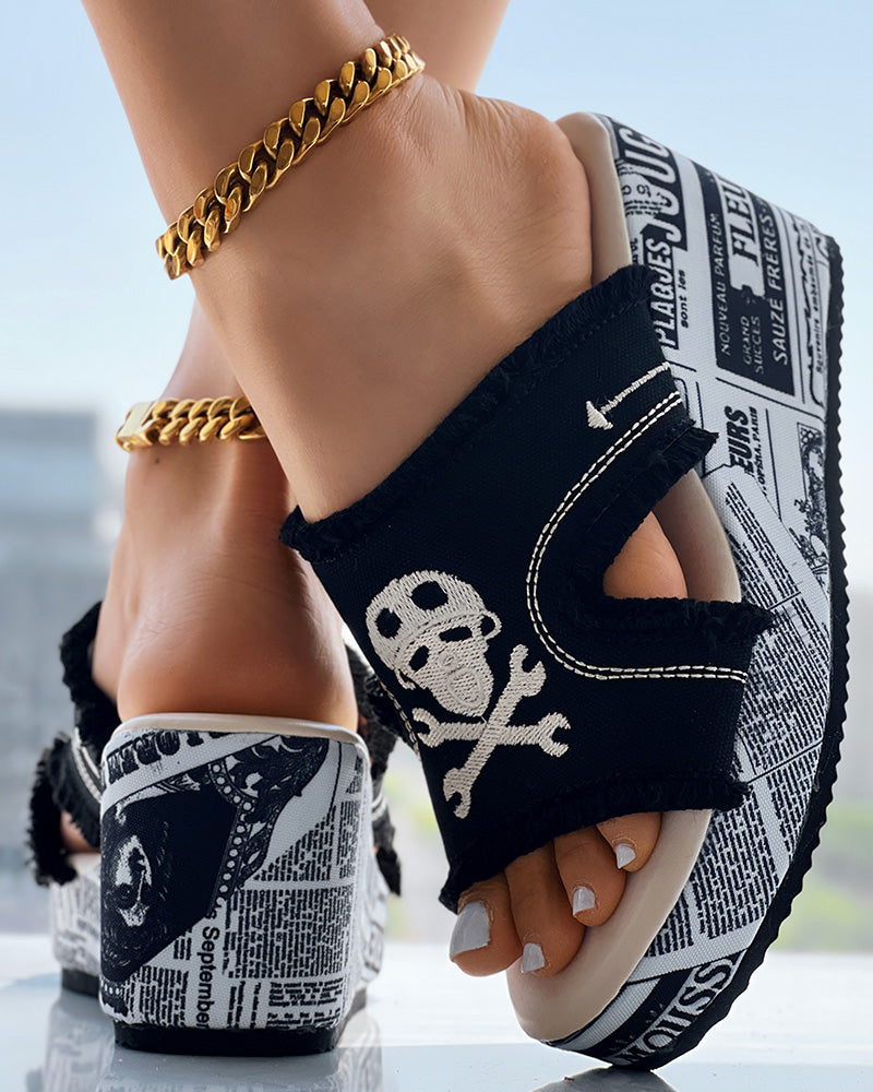 Newspaper Buckled Denim Wedge Slippers