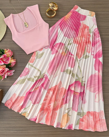 2 Pieces Outfit Square Neck Sleeveless Slim Fit Top and Watercolor Floral Print High Waist Elastic Waist Pleated Maxi Skirt Set