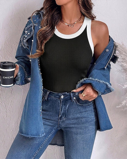 Women's Contrast Binding Racerback Tank Top Slim Fit Ribbed Crewneck Top