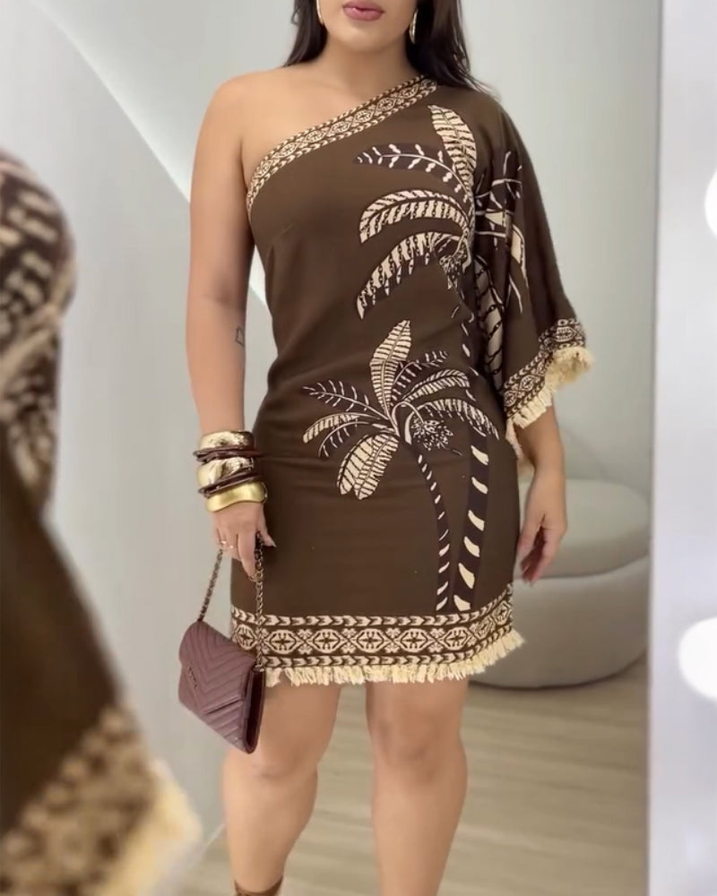 Tropical Print One Shoulder Side Zipper Fringe A Line Dress