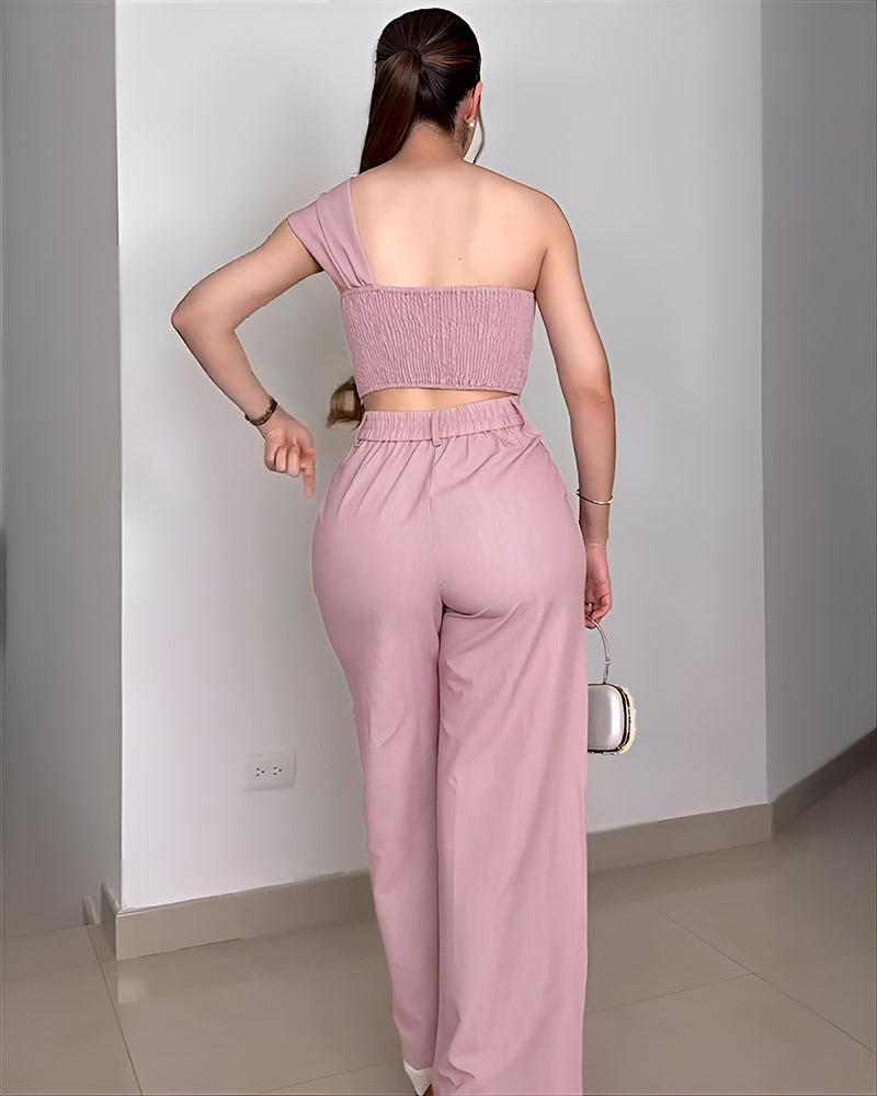 2 Pieces Outfit Rhinestone Decor 3D Floral Applique One Shoulder Sleeveless Shirred Back Crop Top and High Waist Zipper Fly Elastic Back Waist Wide Leg Pants Set