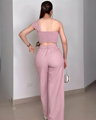 2 Pieces Outfit Rhinestone Decor 3D Floral Applique One Shoulder Sleeveless Shirred Back Crop Top and High Waist Zipper Fly Elastic Back Waist Wide Leg Pants Set