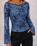 Women's Flocked Floral Boat Neck Sheer Mesh Long Sleeve Top Ruched Pullover