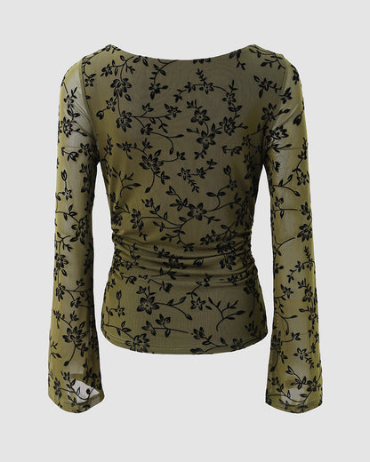 Women's Vintage Flocked Floral Mesh Top Boat Neck Ruched Flare Long Sleeve Tee