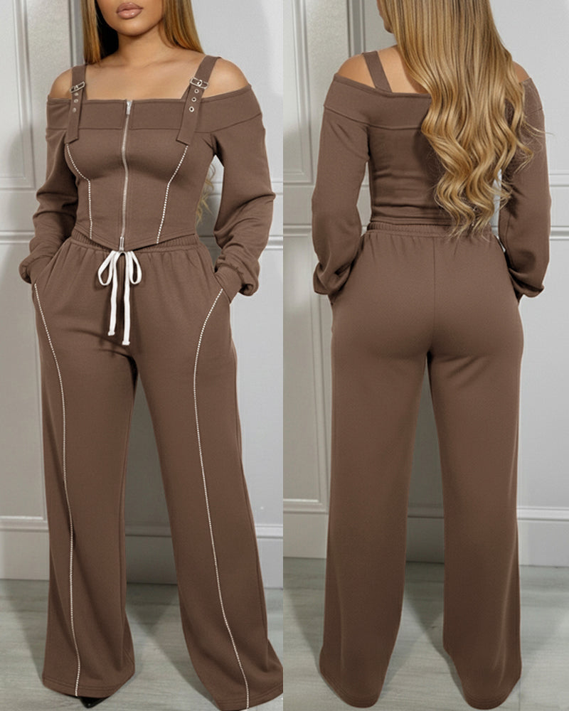 2 Pieces Outfit Trendy Long Sleeve Cold Shoulder Top and Drawstring Waist Pants with Pockets