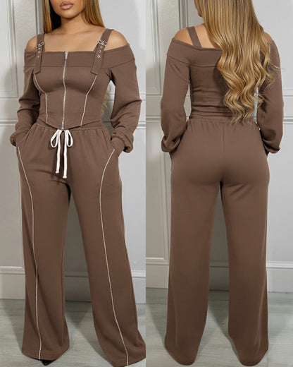 2 Pieces Outfit Trendy Long Sleeve Cold Shoulder Top and Drawstring Waist Pants with Pockets