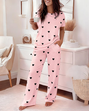 Conjunto de pijama casual de dos piezas para San Valentín, con top de cuello redondo y manga corta, y pantalones de cintura elástica con estampado de corazones y corte holgado