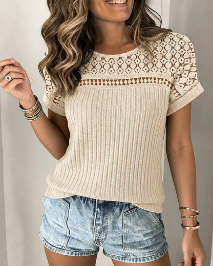 Lace Spliced Round Neck Rolled Cuffs Tee Casual Short Sleeve Ribbed Brushed Top