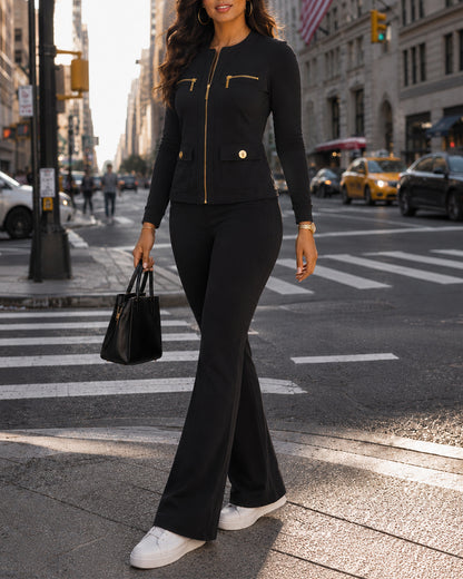 Women's 2 Piece Tracksuit Set Gold Zip Crewneck Jacket and High Waist Flare Pants Set
