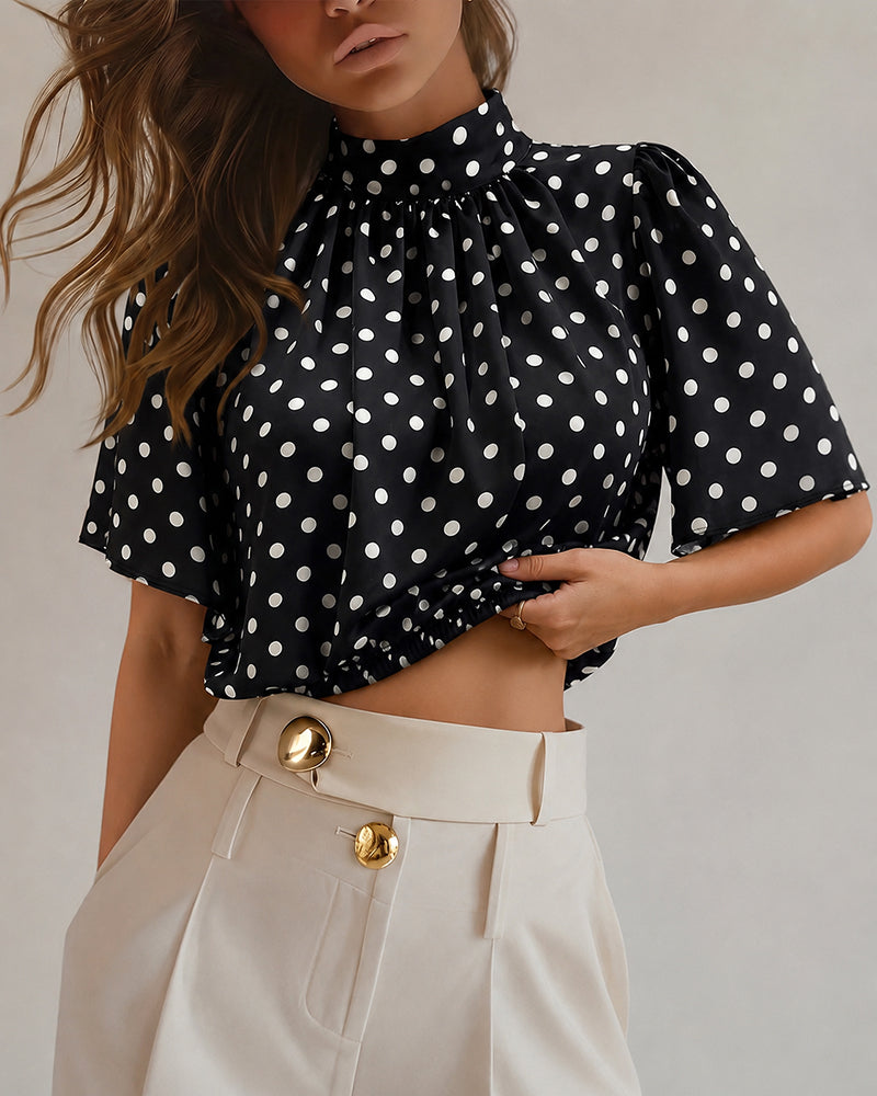 Women's Mock Neck Chiffon Blouse Polka Dot Ruched Elegant Flared Sleeve Top Casual Office Commute Shirt