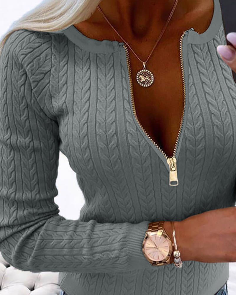 Crewneck Half Zipper Cable Textured Knit Sweater Slim Fit Pullover Top