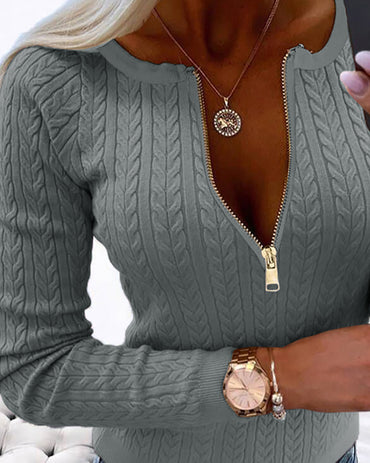 Crewneck Half Zipper Cable Textured Knit Sweater Slim Fit Pullover Top