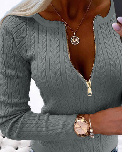 Crewneck Half Zipper Cable Textured Knit Sweater Slim Fit Pullover Top