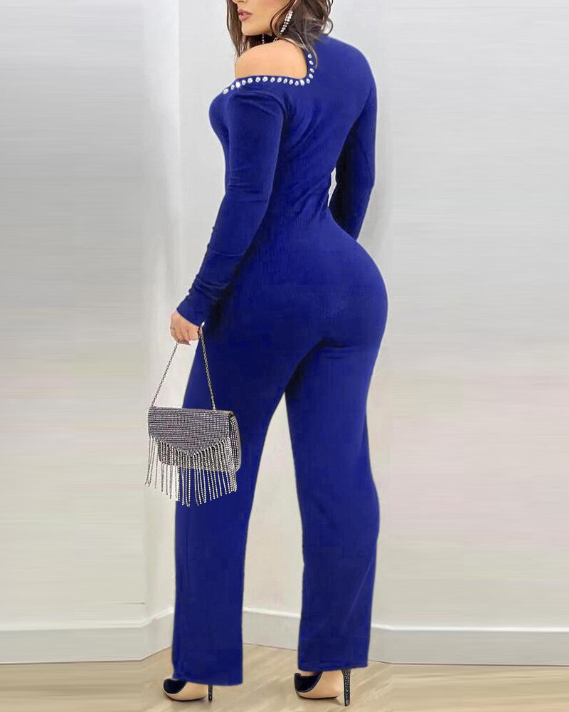 Women's Cold Shoulder Rhinestone Long Sleeve Jumpsuit Mock Neck Flare Leg Overalls