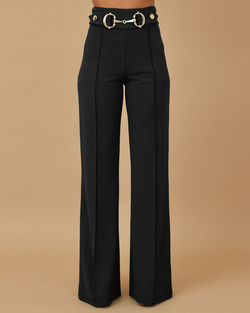 Metal Button Decor High Waist Casual Straight Leg Work Pants