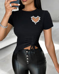 Women's Heart Cutout Rhinestone T-Shirt Short Sleeve Side Drawstring Ruched Top Slim Fit Sparkly Party Tee
