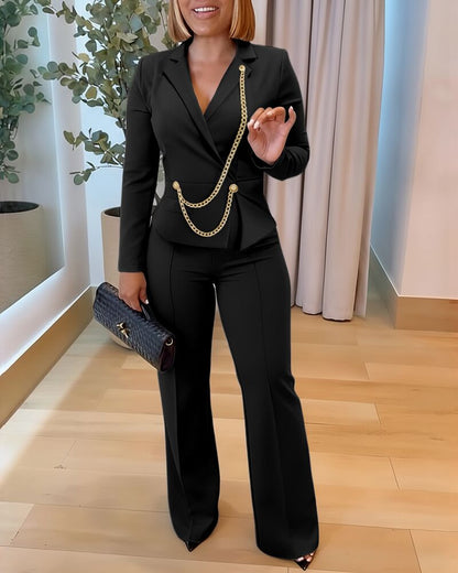 Chain & Button Decor Notched Collar Overlap V-Neck Slit Spliced Overalls Casual High Waist Seam Front Zipper Back Jumpsuit