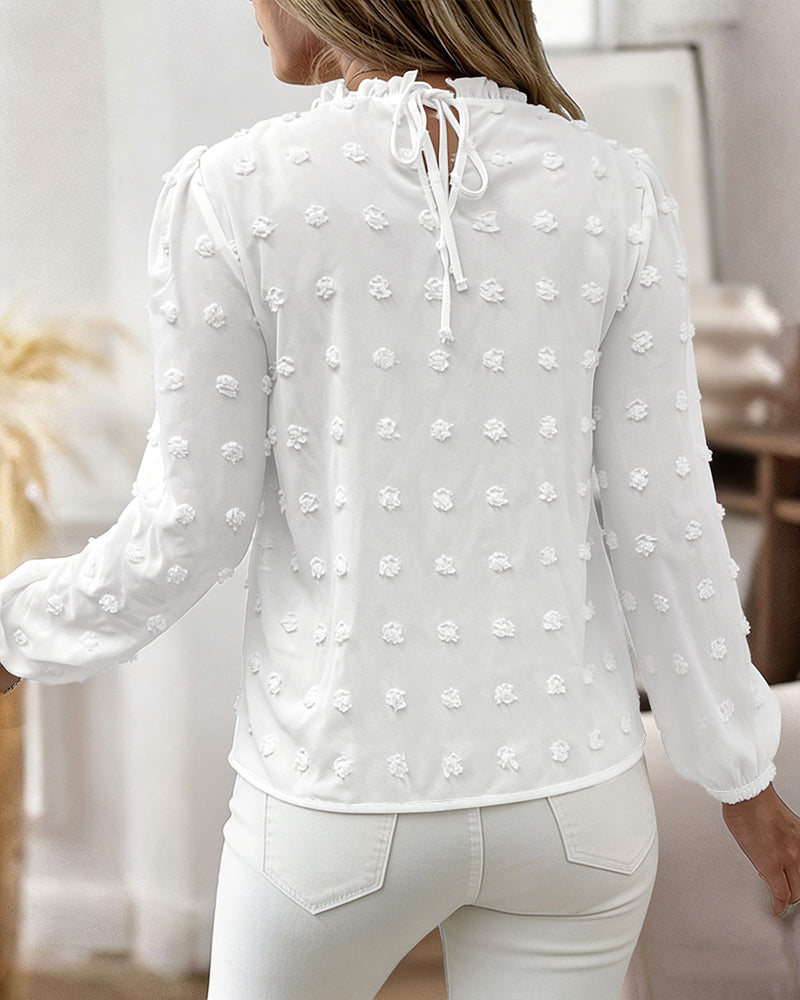Women's French Style Chiffon Blouse Elegant Frill Trim Stand Collar Top Lantern Sleeve Lace Patchwork Jacquard Shirt