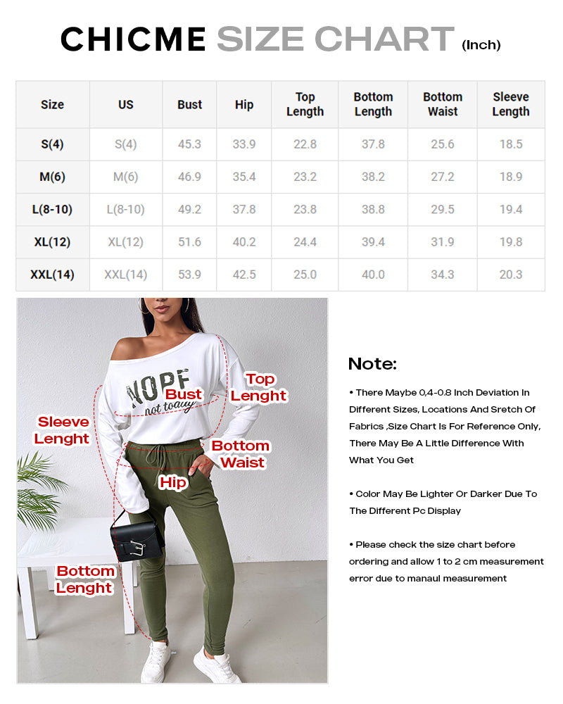 2 Pieces Outfit Nope. Not Today Slogan Print Skew Neck Long Sleeve Pullover Top And Casual Drawstring Stretchy Waist Slim Fit Pants Set