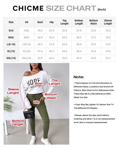 2 Pieces Outfit Nope. Not Today Slogan Print Skew Neck Long Sleeve Pullover Top And Casual Drawstring Stretchy Waist Slim Fit Pants Set
