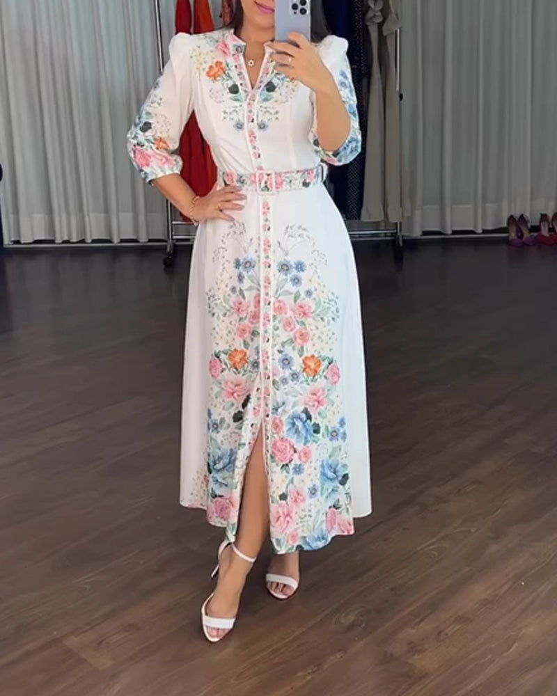 Floral Print V Neck Three Quarters Tied Detail Blouse Dress Casual Line Slim Fit Maxi Dress