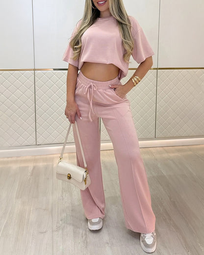 2 Pieces Outfit O-neck Short Sleeve Side Slit Top and Casual Drawstring Elastic Waist Seam Front Wide Leg Pants Set