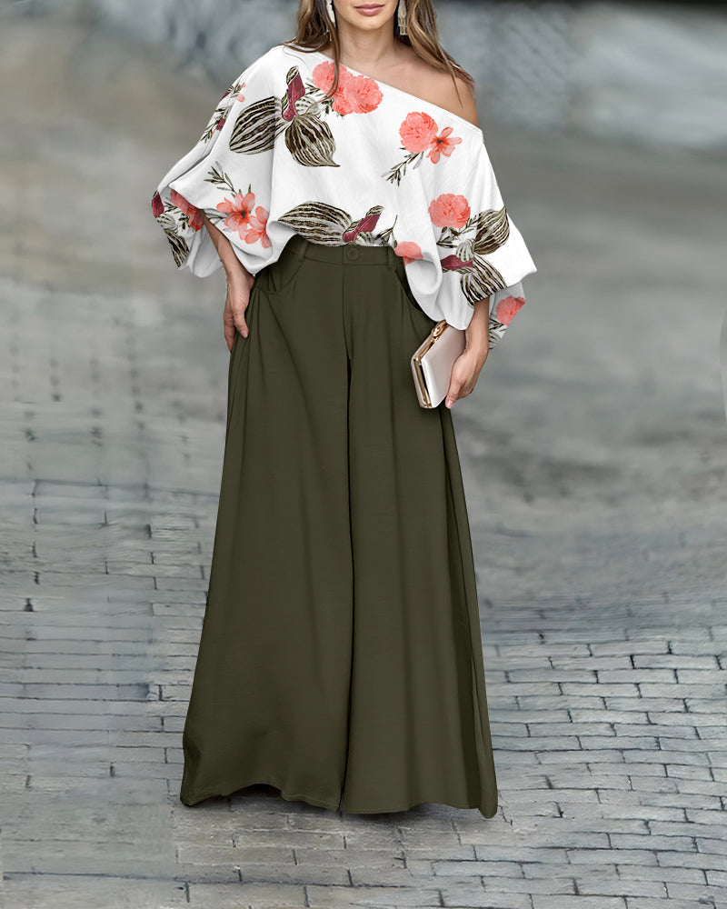 2 Pieces Outfit French Style Floral Print Skew Neck Batwing Sleeve Stretchy Hem Top and Zipper Fly Elastic Back Waist Wide Leg Pants Set Casual Loose Fit Set