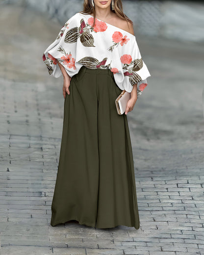 2 Pieces Outfit French Style Floral Print Skew Neck Batwing Sleeve Stretchy Hem Top and Zipper Fly Elastic Back Waist Wide Leg Pants Set Casual Loose Fit Set