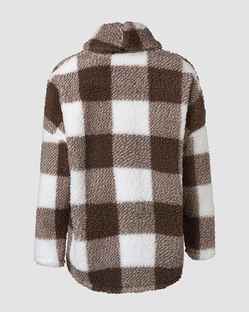 Plaid Pattern Oversized Fleece Jacket Teddy Bear Coat Open Front Batwing Sleeve Fuzzy Cardigan