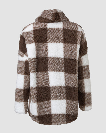 Plaid Pattern Oversized Fleece Jacket Teddy Bear Coat Open Front Batwing Sleeve Fuzzy Cardigan